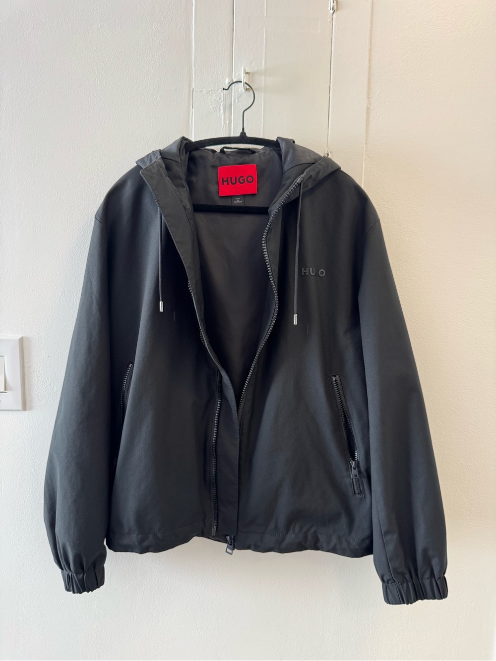 HUGO Black Jacket with Red Logo Patch
